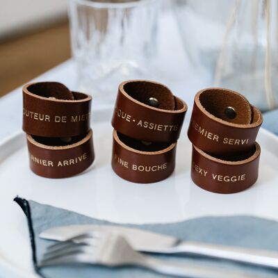 Leather napkin rings with message - set of 6 - Les Invités