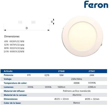 Plafonnier LED FERON AL504, 6W, 230V, 500Lm, IP20, blanc 4000k 3