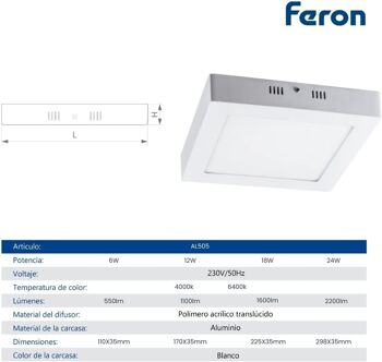 Plafonnier LED FERON AL505, 12W, 230V, 1100Lm, IP20, couleur blanche 4000k 3