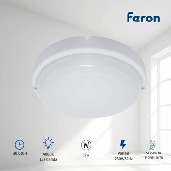 Luminaire LED avec détecteur de mouvement FERON AL3009S, 12W, 4000K, 230V, 900Lm, IP65, couleur blanche 3