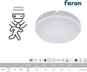 Luminaire LED avec détecteur de mouvement FERON AL3009S, 12W, 4000K, 230V, 900Lm, IP65, couleur blanche 4