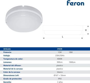 Luminaire LED FERON AL3005S, 12W, 4000K, 230V, 900Lm, IP65, couleur blanche 4