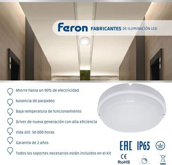 Luminaire LED FERON AL3005S, 12W, 4000K, 230V, 900Lm, IP65, couleur blanche 5