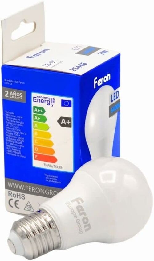 Feron Bombillas LED| LB-91, A60 (globo), 7W 230V |Casquillo E27| difusor translúcido blanco 600Lm| ángulo de apertura 200°| Bombilla de Luz Blanca| [Clase de eficiencia energética A+]