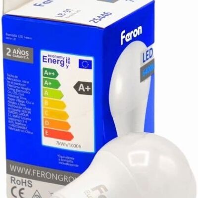 Feron LED Bulbs| LB-91, A60 (globe), 7W 230V |E27 socket| white translucent diffuser 600Lm| opening angle 200°| White Light Bulb| [Energy efficiency class A+]