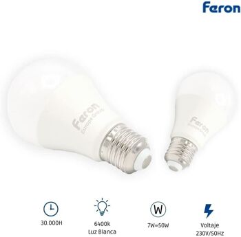 Ampoules LED Feron | LB-91, A60 (globe), 7W 230V |Prise E27| diffuseur translucide blanc 600Lm | angle d'ouverture 200° | Ampoule blanche | [Classe d'efficacité énergétique A+] 4