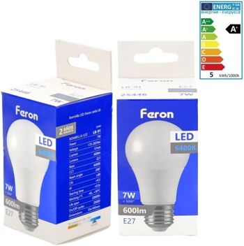 Ampoules LED Feron | LB-91, A60 (globe), 7W 230V |Prise E27| diffuseur translucide blanc 600Lm | angle d'ouverture 200° | Ampoule blanche | [Classe d'efficacité énergétique A+] 3