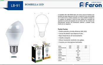 Ampoules LED Feron | LB-91, A60 (globe), 7W 230V |Prise E27| diffuseur translucide blanc 600Lm | angle d'ouverture 200° | Ampoule blanche | [Classe d'efficacité énergétique A+] 6