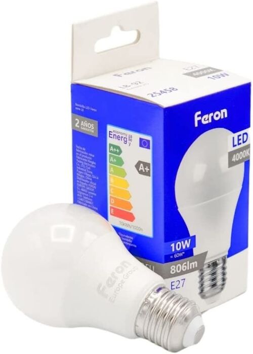 Feron Bombillas LED| LB-92, A60 (globo), 10W 230V |Casquillo E27| difusor translúcido blanco 806Lm| ángulo de apertura 200°| Bombilla de Luz Neutra| [Clase de eficiencia energética A+]