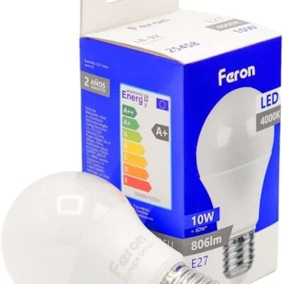 Feron-LED-Lampen | LB-92, A60 (Kugel), 10W 230V |E27 Fassung| weißer transluzenter Diffusor 806Lm| Öffnungswinkel 200°| Neutrale Glühbirne | [Energieeffizienzklasse A+]