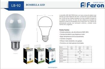 Ampoules LED Feron | LB-92, A60 (globe), 10W 230V |Prise E27| diffuseur translucide blanc 806Lm | angle d'ouverture 200° | Ampoule neutre | [Classe d'efficacité énergétique A+] 6