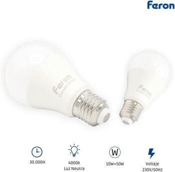 Ampoules LED Feron | LB-92, A60 (globe), 10W 230V |Prise E27| diffuseur translucide blanc 806Lm | angle d'ouverture 200° | Ampoule neutre | [Classe d'efficacité énergétique A+] 4