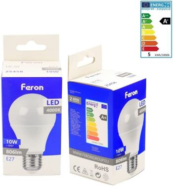 Ampoules LED Feron | LB-92, A60 (globe), 10W 230V |Prise E27| diffuseur translucide blanc 806Lm | angle d'ouverture 200° | Ampoule neutre | [Classe d'efficacité énergétique A+] 3