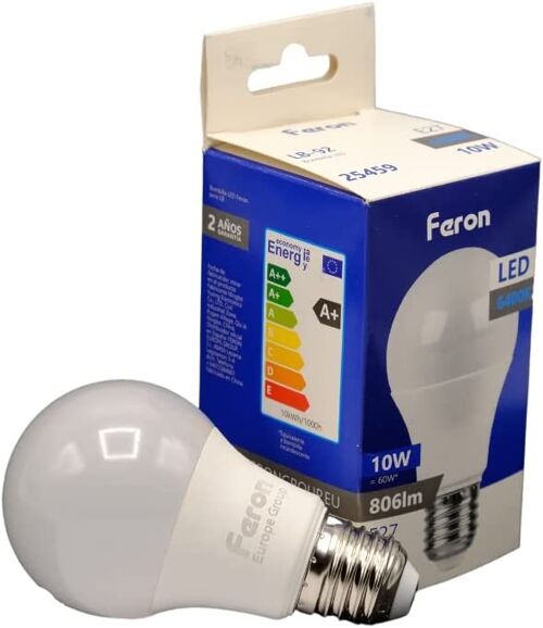 Feron Bombillas LED| LB-92, A60 (globo), 10W 230V |Casquillo E27| difusor translúcido blanco 806Lm| ángulo de apertura 200°| Bombilla de Luz Blanca| [Clase de eficiencia energética A+]