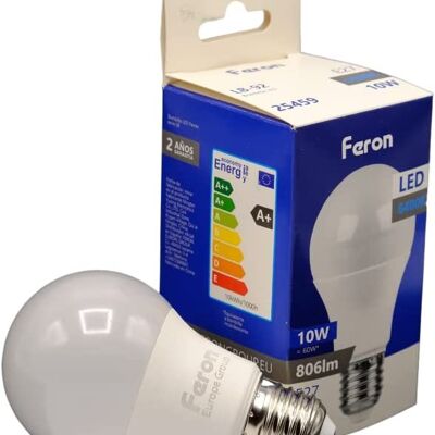 Feron-LED-Lampen | LB-92, A60 (Kugel), 10W 230V |E27 Fassung| weißer transluzenter Diffusor 806Lm| Öffnungswinkel 200°| Weiße Glühbirne | [Energieeffizienzklasse A+]