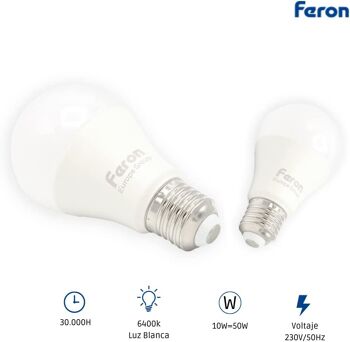 Ampoules LED Feron | LB-92, A60 (globe), 10W 230V |Prise E27| diffuseur translucide blanc 806Lm | angle d'ouverture 200° | Ampoule blanche | [Classe d'efficacité énergétique A+] 4