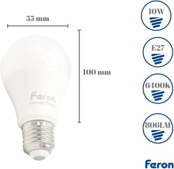 Ampoules LED Feron | LB-92, A60 (globe), 10W 230V |Prise E27| diffuseur translucide blanc 806Lm | angle d'ouverture 200° | Ampoule blanche | [Classe d'efficacité énergétique A+] 2