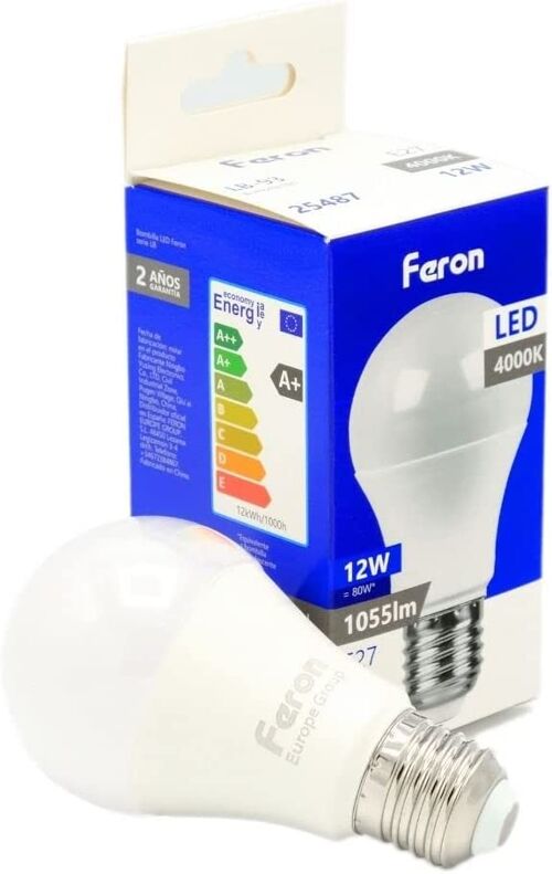 Feron Bombillas LED| LB-93, A60 (globo), 12W 230V |Casquillo E27| difusor translúcido blanco 1055Lm| ángulo de apertura 200°|Bombilla de Luz Blanca| [Clase de eficiencia energética A+]
