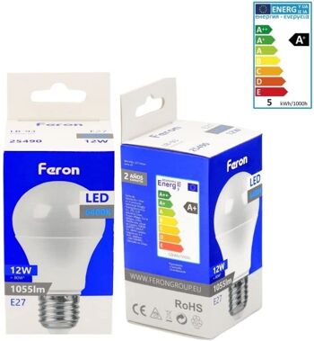 Ampoules LED Feron | LB-93, A60 (globe), 12W 230V |Prise E27| diffuseur translucide blanc 1055Lm | angle d'ouverture 200°|Ampoule blanche| [Classe d'efficacité énergétique A+] 3