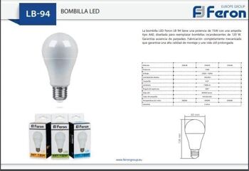 Ampoules LED Feron | LB-94, A60 (globe), 15W 230V |Prise E27| diffuseur translucide blanc 1500Lm | angle d'ouverture 200°|Ampoule de lumière chaude | [Classe d'efficacité énergétique A+] 6