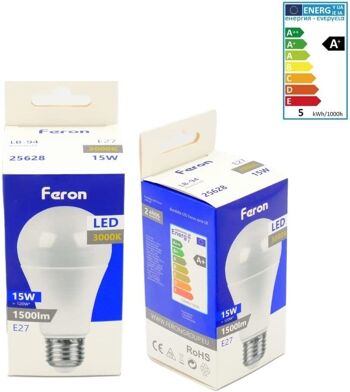 Ampoules LED Feron | LB-94, A60 (globe), 15W 230V |Prise E27| diffuseur translucide blanc 1500Lm | angle d'ouverture 200°|Ampoule de lumière chaude | [Classe d'efficacité énergétique A+] 3