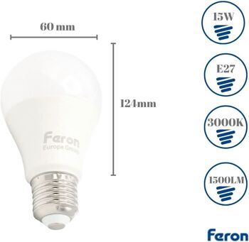 Ampoules LED Feron | LB-94, A60 (globe), 15W 230V |Prise E27| diffuseur translucide blanc 1500Lm | angle d'ouverture 200°|Ampoule de lumière chaude | [Classe d'efficacité énergétique A+] 2