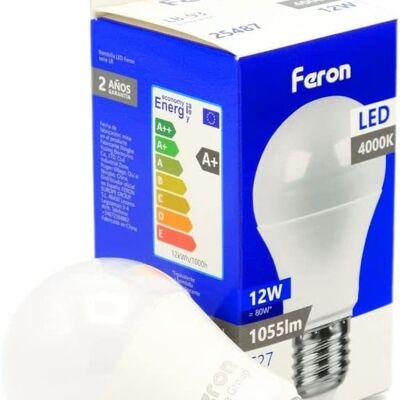 Feron Bombillas LED| LB-93, A60 (globo), 12W 230V |Casquillo E27| difusor translúcido blanco 1055Lm| ángulo de apertura 200°|Bombilla de Luz Neutra| [Clase de eficiencia energética A+]