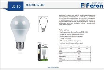 Ampoules LED Feron| LB-93, A60 (globe), 12W 230V |Prise E27| diffuseur translucide blanc 1055Lm | angle d'ouverture 200°|Ampoule neutre| [Classe d'efficacité énergétique A+] 6