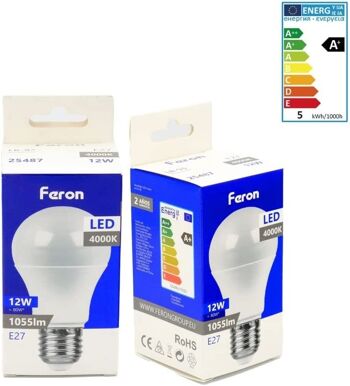 Ampoules LED Feron| LB-93, A60 (globe), 12W 230V |Prise E27| diffuseur translucide blanc 1055Lm | angle d'ouverture 200°|Ampoule neutre| [Classe d'efficacité énergétique A+] 3