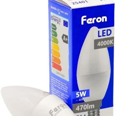 Feron LED-Kerzenbirnen| LB-72, C37 (KERZE), 5W 230V |E14 Fassung| weißer durchscheinender Diffusor 450Lm| Öffnungswinkel 200°|Neutral Glühbirne| [Energieeffizienzklasse A+]