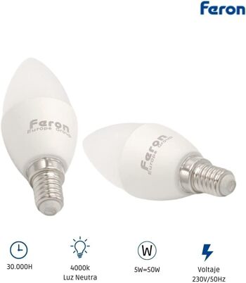 Ampoules Bougie LED Feron | LB-72, C37 (BOUGIE), 5W 230V |Prise E14| diffuseur translucide blanc 450Lm | angle d'ouverture 200°|Ampoule neutre| [Classe d'efficacité énergétique A+] 4