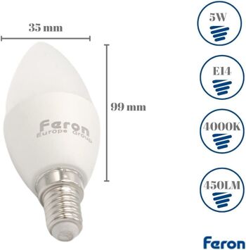 Ampoules Bougie LED Feron | LB-72, C37 (BOUGIE), 5W 230V |Prise E14| diffuseur translucide blanc 450Lm | angle d'ouverture 200°|Ampoule neutre| [Classe d'efficacité énergétique A+] 2