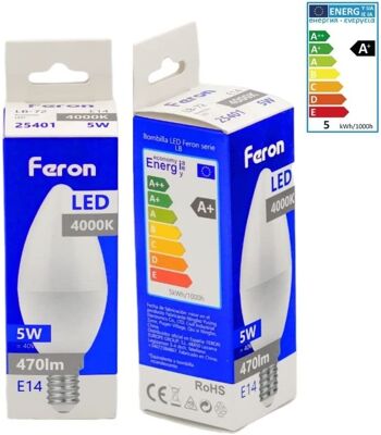 Ampoules Bougie LED Feron | LB-72, C37 (BOUGIE), 5W 230V |Prise E14| diffuseur translucide blanc 450Lm | angle d'ouverture 200°|Ampoule neutre| [Classe d'efficacité énergétique A+] 3