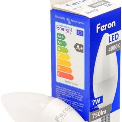 Feron LED-Kerzenbirnen| LB-97, C37 (KERZE), 7W 230V |E14 Fassung| weißer durchscheinender Diffusor 600Lm| Öffnungswinkel 200°|Neutral Glühbirne| [Energieeffizienzklasse A+]
