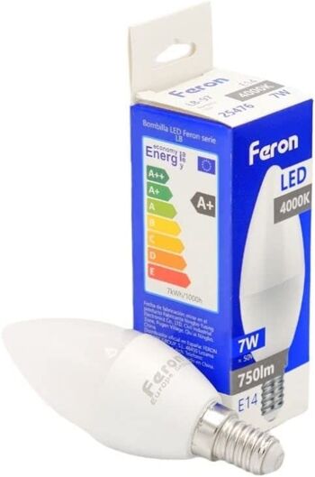 Ampoules Bougie LED Feron | LB-97, C37 (BOUGIE), 7W 230V |Prise E14| diffuseur translucide blanc 600Lm | angle d'ouverture 200°|Ampoule neutre| [Classe d'efficacité énergétique A+] 1