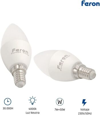 Ampoules Bougie LED Feron | LB-97, C37 (BOUGIE), 7W 230V |Prise E14| diffuseur translucide blanc 600Lm | angle d'ouverture 200°|Ampoule neutre| [Classe d'efficacité énergétique A+] 4