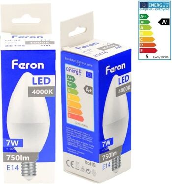 Ampoules Bougie LED Feron | LB-97, C37 (BOUGIE), 7W 230V |Prise E14| diffuseur translucide blanc 600Lm | angle d'ouverture 200°|Ampoule neutre| [Classe d'efficacité énergétique A+] 3