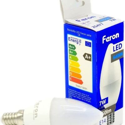 Ampoules Bougie LED Feron | LB-97, C37 (BOUGIE), 7W 230V |Prise E14| diffuseur translucide blanc 600Lm | angle d'ouverture 200°|Ampoule blanche| [Classe d'efficacité énergétique A+]