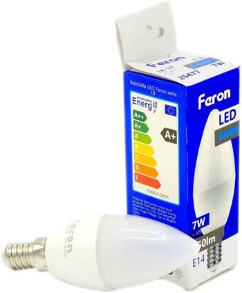 Ampoules Bougie LED Feron | LB-97, C37 (BOUGIE), 7W 230V |Prise E14| diffuseur translucide blanc 600Lm | angle d'ouverture 200°|Ampoule blanche| [Classe d'efficacité énergétique A+] 1