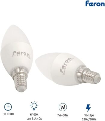 Ampoules Bougie LED Feron | LB-97, C37 (BOUGIE), 7W 230V |Prise E14| diffuseur translucide blanc 600Lm | angle d'ouverture 200°|Ampoule blanche| [Classe d'efficacité énergétique A+] 4