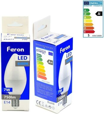 Ampoules Bougie LED Feron | LB-97, C37 (BOUGIE), 7W 230V |Prise E14| diffuseur translucide blanc 600Lm | angle d'ouverture 200°|Ampoule blanche| [Classe d'efficacité énergétique A+] 3
