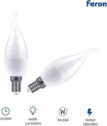 Ampoules à bougies éoliennes Feron LED | LB-97, C37 (BOUGIE À VENT), 7W 230V |Prise E14| diffuseur blanc translucide 750Lm | angle d'ouverture 200°|Ampoule de Lumière Chaude| [Classe d'efficacité énergétique A+] 10