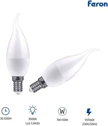Ampoules à bougies éoliennes Feron LED | LB-97, C37 (BOUGIE À VENT), 7W 230V |Prise E14| diffuseur blanc translucide 750Lm | angle d'ouverture 200°|Ampoule de Lumière Chaude| [Classe d'efficacité énergétique A+] 1