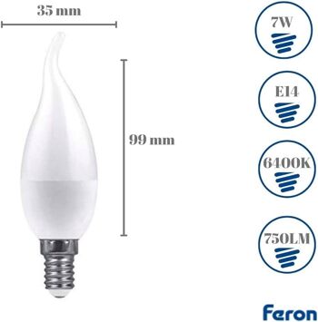 Ampoules à bougies éoliennes Feron LED | LB-97, C37 (BOUGIE À VENT), 7W 230V |Prise E14| diffuseur blanc translucide 750Lm | angle d'ouverture 200°|Ampoule de Lumière Chaude| [Classe d'efficacité énergétique A+] 11