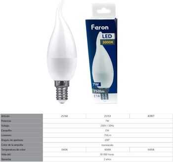 Ampoules à bougies éoliennes Feron LED | LB-97, C37 (BOUGIE À VENT), 7W 230V |Prise E14| diffuseur blanc translucide 750Lm | angle d'ouverture 200°|Ampoule de Lumière Chaude| [Classe d'efficacité énergétique A+] 3