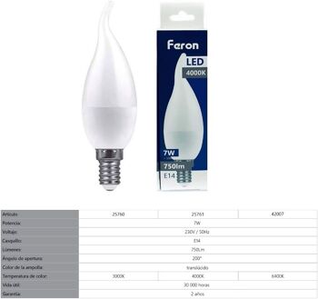 Ampoules à bougies éoliennes Feron LED | LB-97, C37 (BOUGIE À VENT), 7W 230V |Prise E14| diffuseur blanc translucide 750Lm | angle d'ouverture 200°|Ampoule de Lumière Chaude| [Classe d'efficacité énergétique A+] 8