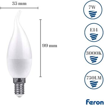 Ampoules à bougies éoliennes Feron LED | LB-97, C37 (BOUGIE À VENT), 7W 230V |Prise E14| diffuseur blanc translucide 750Lm | angle d'ouverture 200°|Ampoule de Lumière Chaude| [Classe d'efficacité énergétique A+] 2