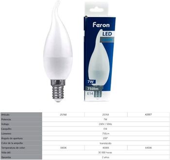 Ampoules à bougies éoliennes Feron LED | LB-97, C37 (BOUGIE À VENT), 7W 230V |Prise E14| diffuseur blanc translucide 750Lm | angle d'ouverture 200°|Ampoule de Lumière Chaude| [Classe d'efficacité énergétique A+] 12