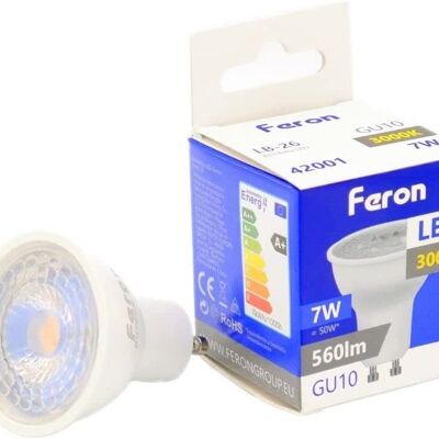 Ampoules LED Feron GU10 | LB-26, GU10, 7W 230V | diffuseur translucide blanc 560Lm | angle d'ouverture 38°|Ampoule de lumière chaude | [Classe d'efficacité énergétique A+]