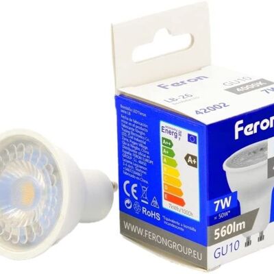 Ampoules LED Feron GU10 | LB-26, GU10, 7W 230V | diffuseur translucide blanc 560Lm | angle d'ouverture 38°|Ampoule neutre| [Classe d'efficacité énergétique A+] 2